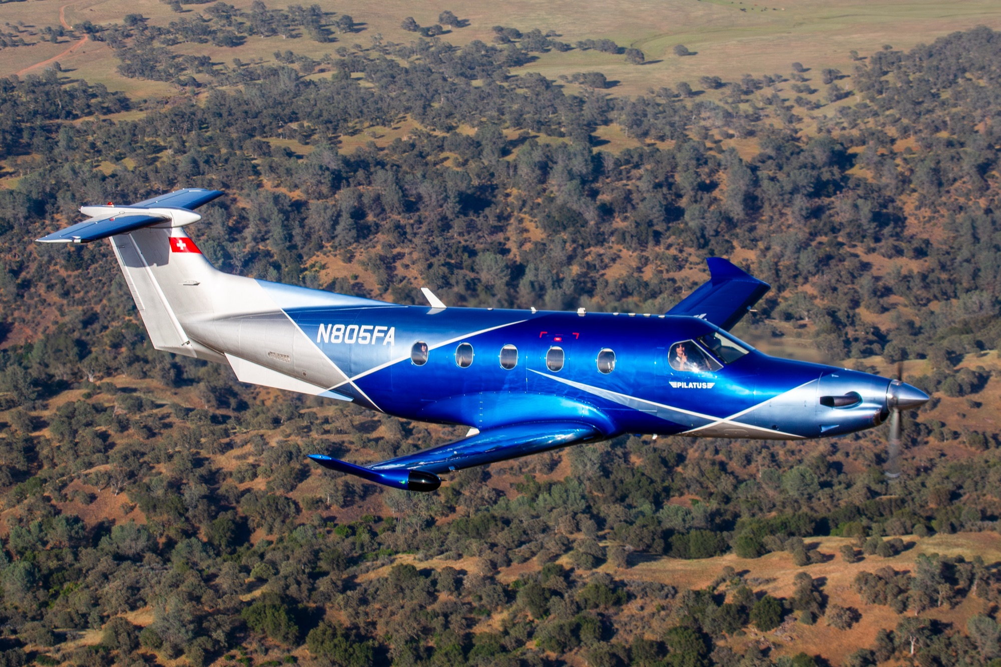 Fetch Airlines Pilatus PC-12NG N805FA in flight over the California foothills